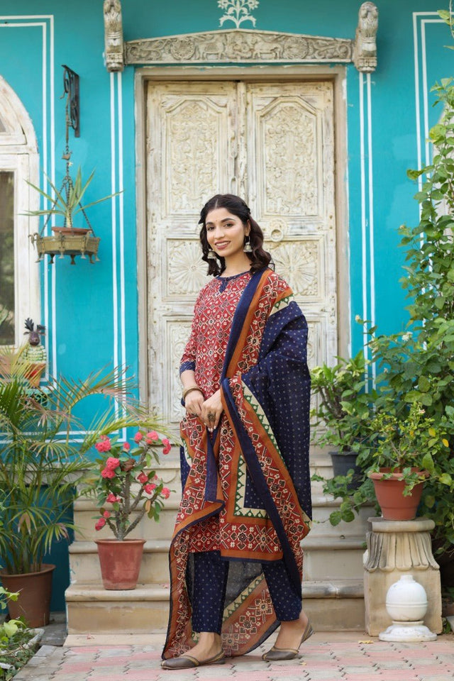 Blue And Red Printed Fancy Kurti And Palazzo Dupatta Set