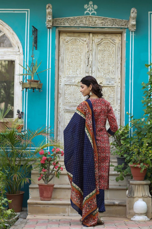 Blue And Red Printed Fancy Kurti And Palazzo Dupatta Set