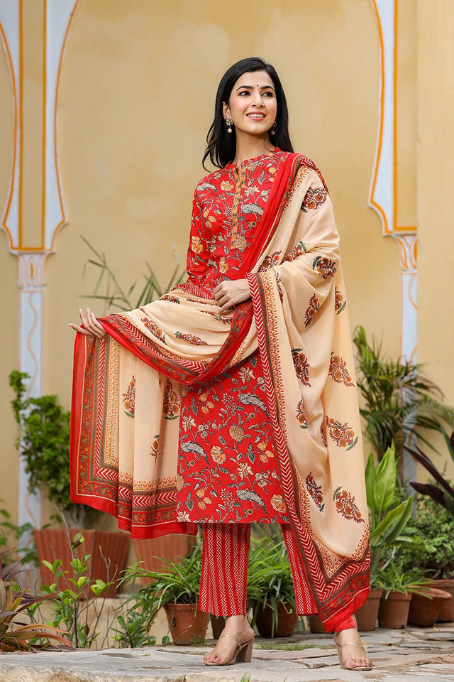 Red Color Cotton Fabric Printed Fancy Kurti And Palazzo Dupatta Set