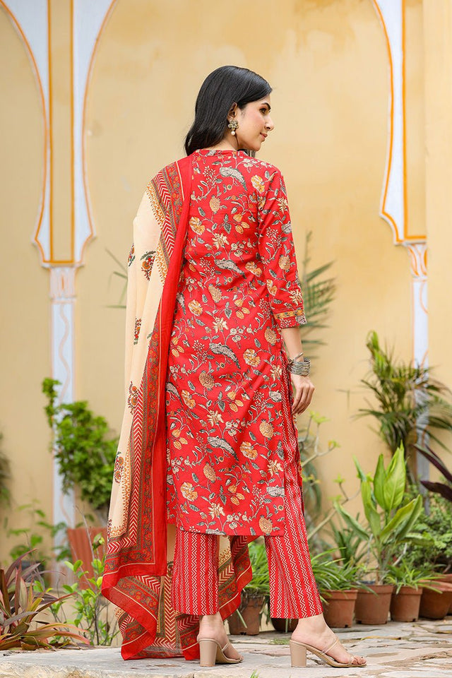 Red Color Cotton Fabric Printed Fancy Kurti And Palazzo Dupatta Set