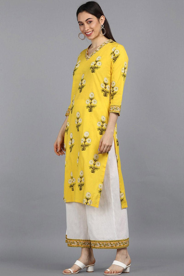 Cotton Yellow Ethnic Motifs Printed Straight Kurti Pant Dupatta Set