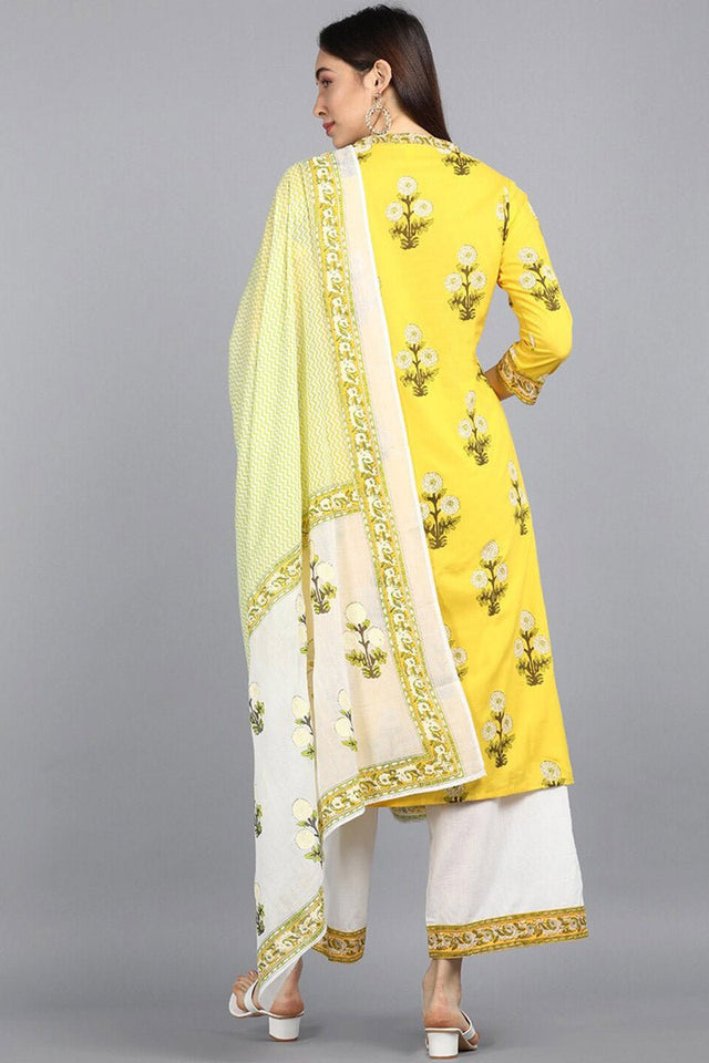 Cotton Yellow Ethnic Motifs Printed Straight Kurti Pant Dupatta Set