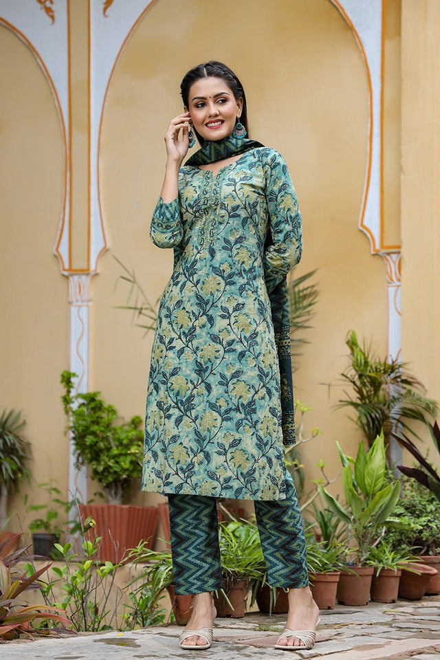 Rayon Blend Teal Ethnic Motifs Printed Straight Kurti Palazzo Dupatta Set