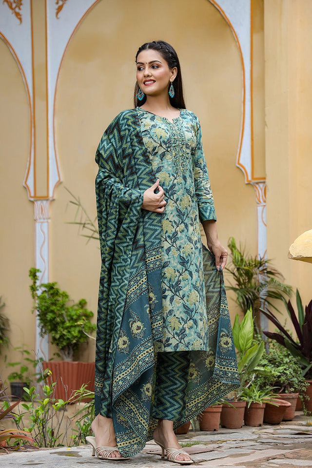 Rayon Blend Teal Ethnic Motifs Printed Straight Kurti Palazzo Dupatta Set