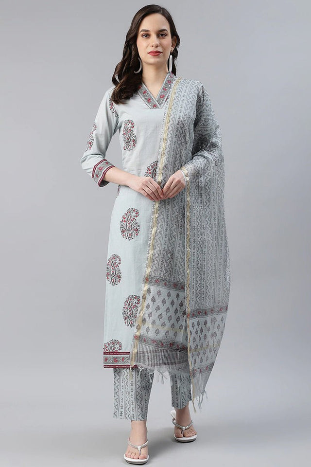 Cotton Grey Paisley Printed Straight Kurti Palazzo Dupatta Set