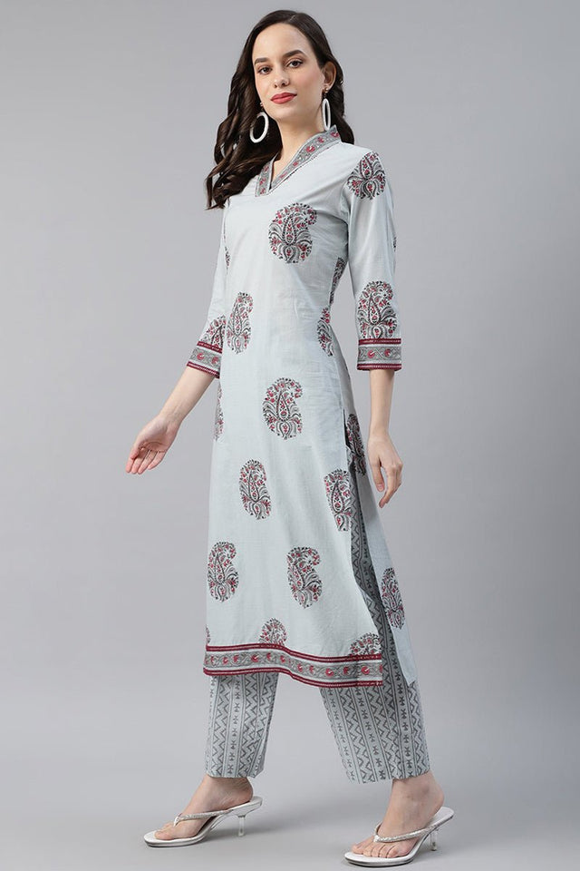 Cotton Grey Paisley Printed Straight Kurti Palazzo Dupatta Set