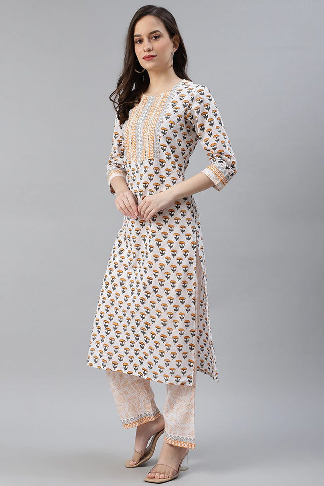 Cotton White Ethnic Motifs Printed Straight Kurti Palazzo Dupatta Set