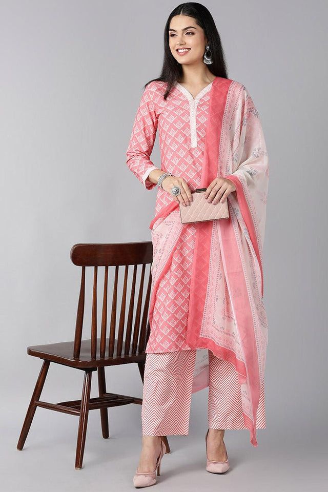 Peach Polyester Ethnic Motifs Straight Suit Set