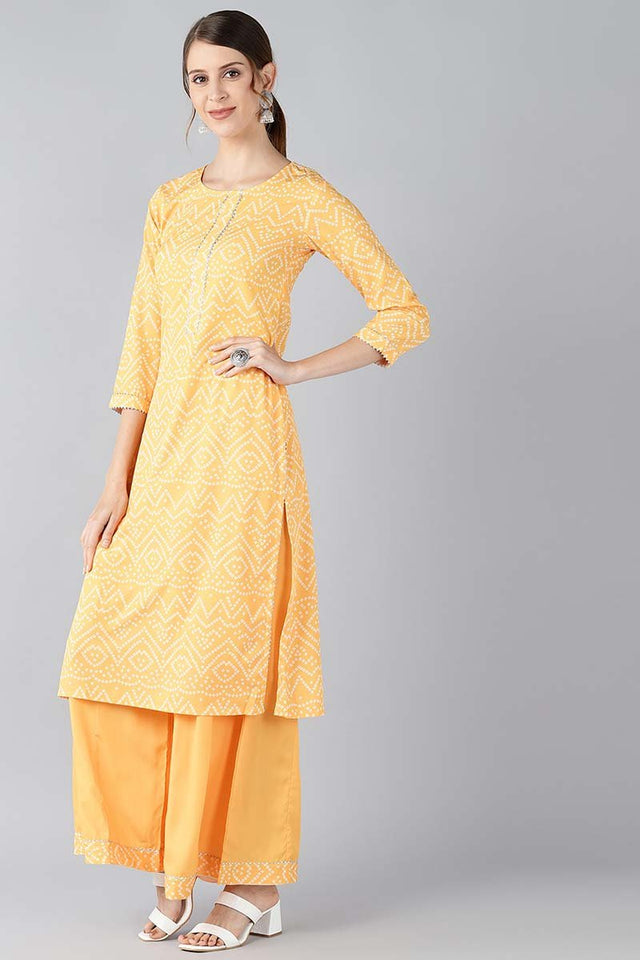 Yellow Crepe Bandhani Printed Straight Kurti Palazzo Set