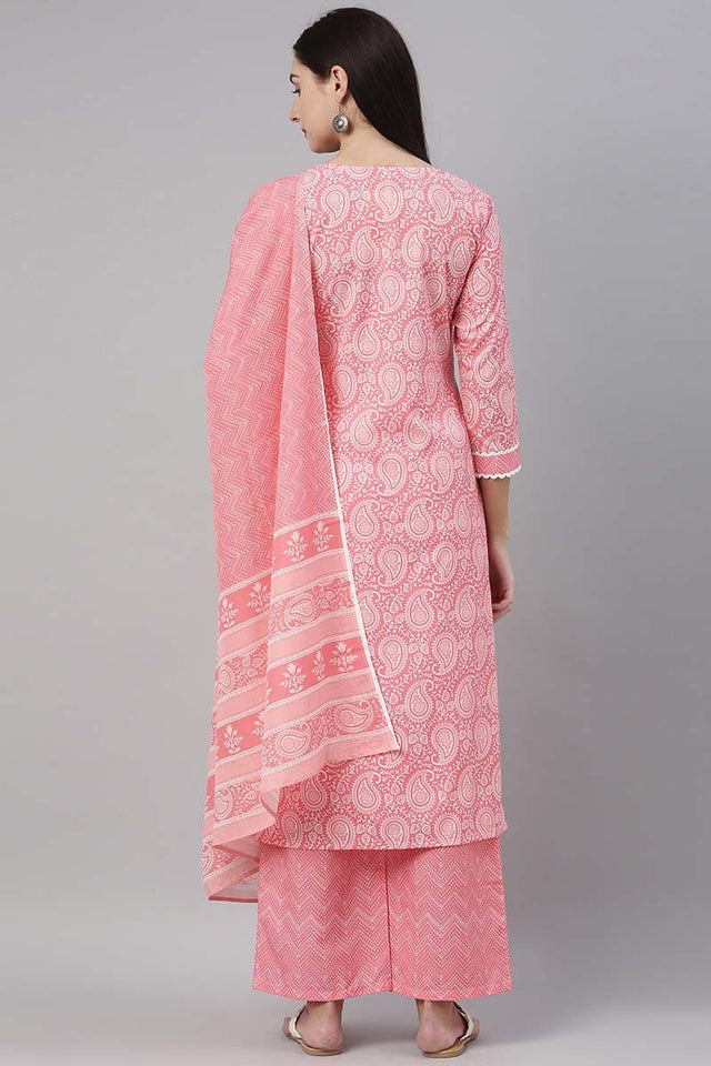 Pink Polyester Paisley Printed Straight Suit Set
