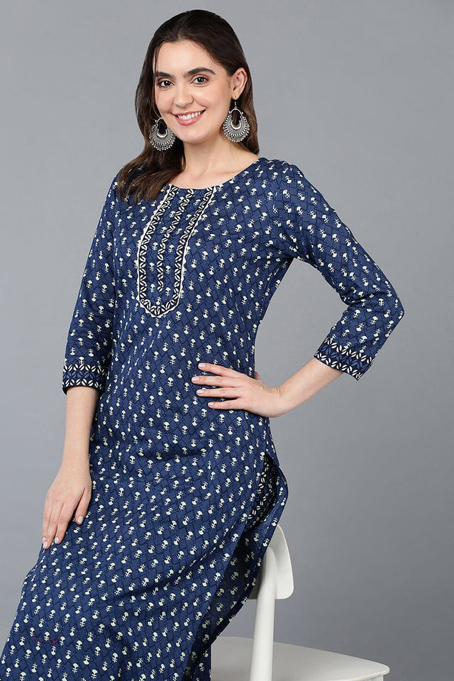 Navy Blue Cotton Straight Kurti Set