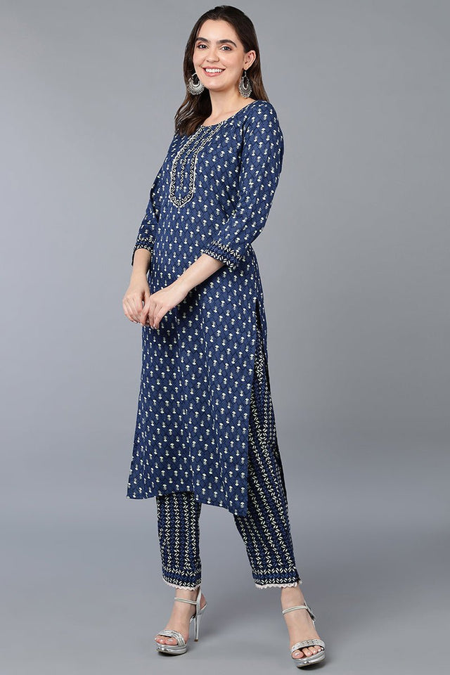 Navy Blue Cotton Straight Kurti Set