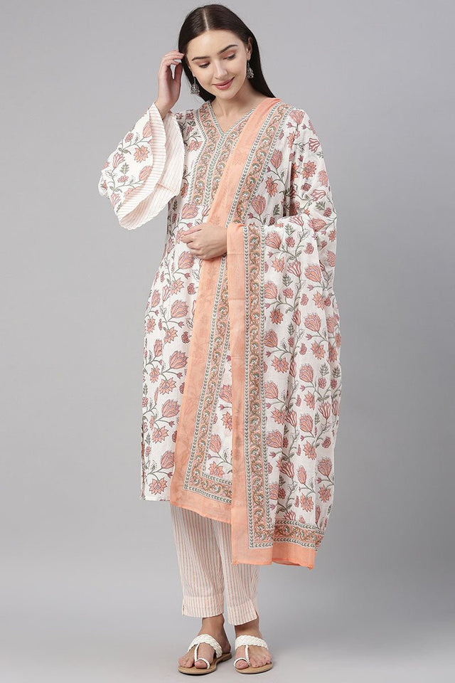 White Cotton Floral Printed Straight Suit Set