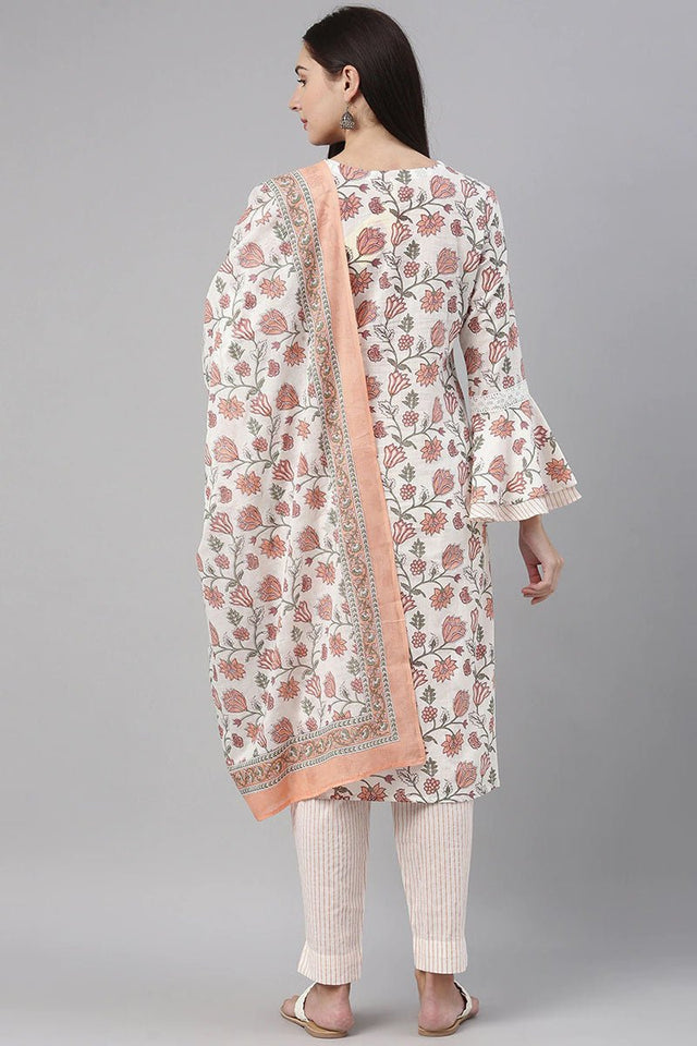 White Cotton Floral Printed Straight Suit Set