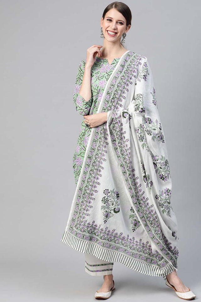 Cotton Green Ethnic Motifs Printed Straight Kurti Pant Dupatta Set