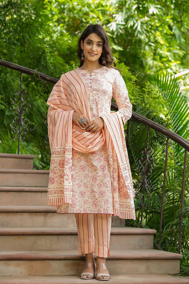 Orange Cotton Straight Suit Set