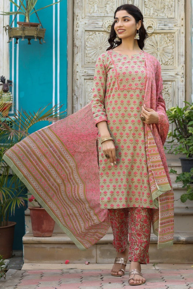 Cotton Green Floral Printed Straight Kurti Pant Dupatta Set