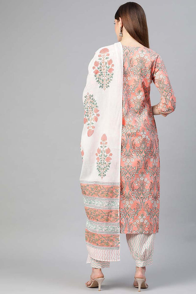 Peach Cotton Ethnic Motifs Printed Straight Suit Set