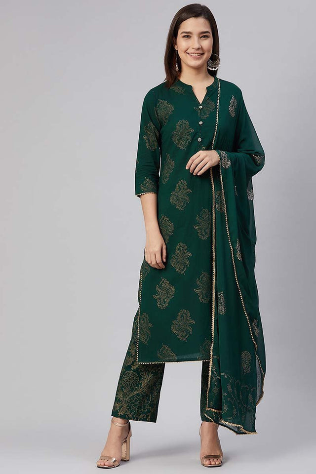 Cotton Green Ethnic Motifs Printed Straight Kurti Pant Dupatta Set