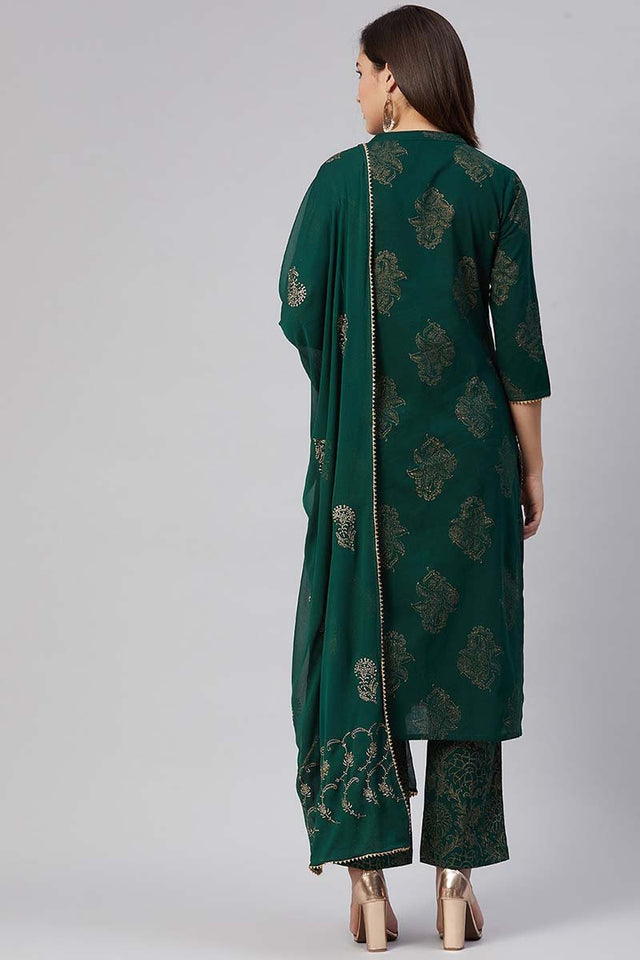 Cotton Green Ethnic Motifs Printed Straight Kurti Pant Dupatta Set
