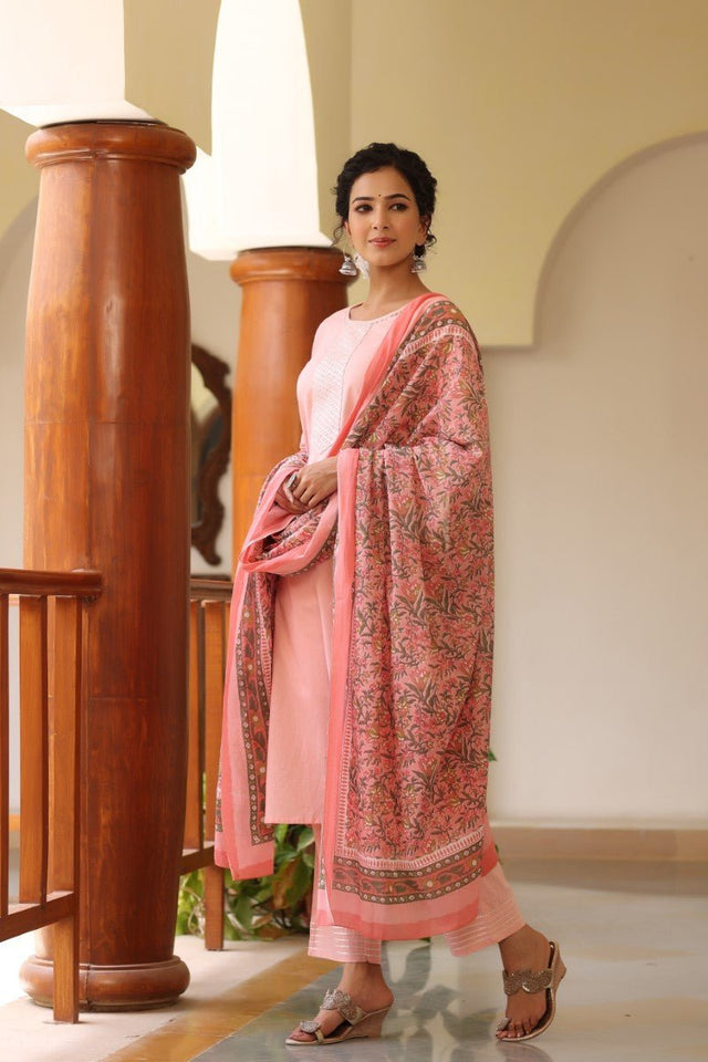 Pink Cotton Yoke Design Gotta Patti Suit Set