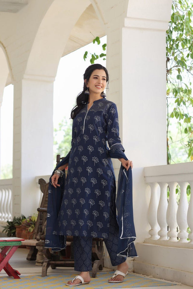 Navy Blue Floral Printed Kurti With Palazzos With Dupatta