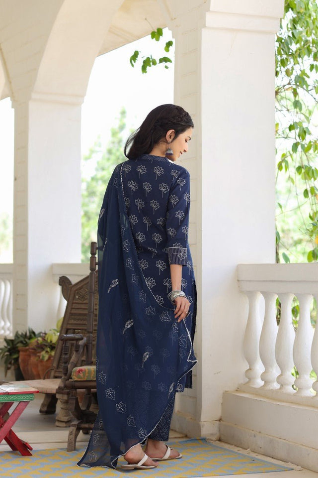Navy Blue Floral Printed Kurti With Palazzos With Dupatta