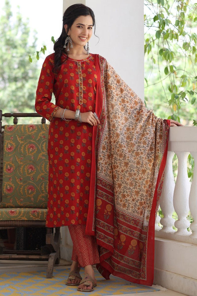 Maroon Brown Printed Kurta With Trousers Dupatta