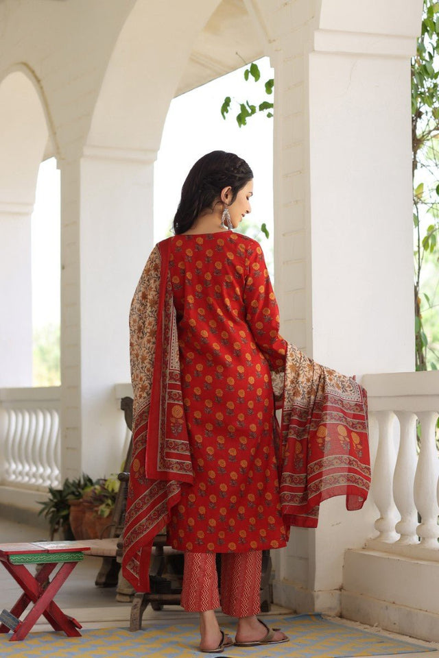 Maroon Brown Printed Kurta With Trousers Dupatta
