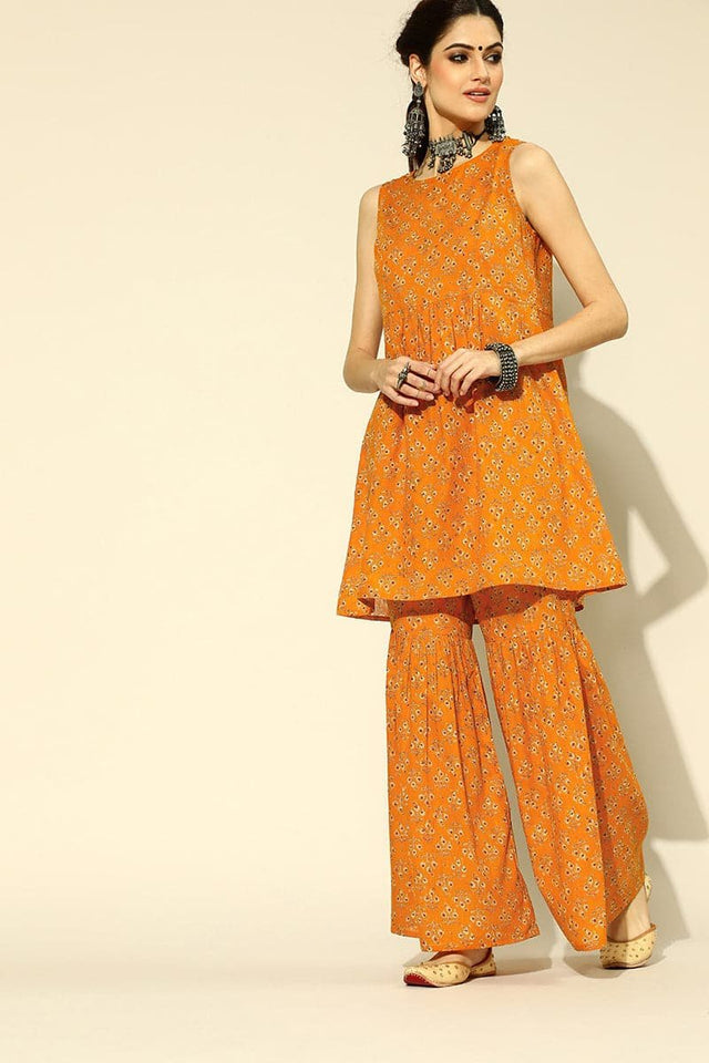 Mustard Cotton Sleeveless Sharara Co-Ord Set