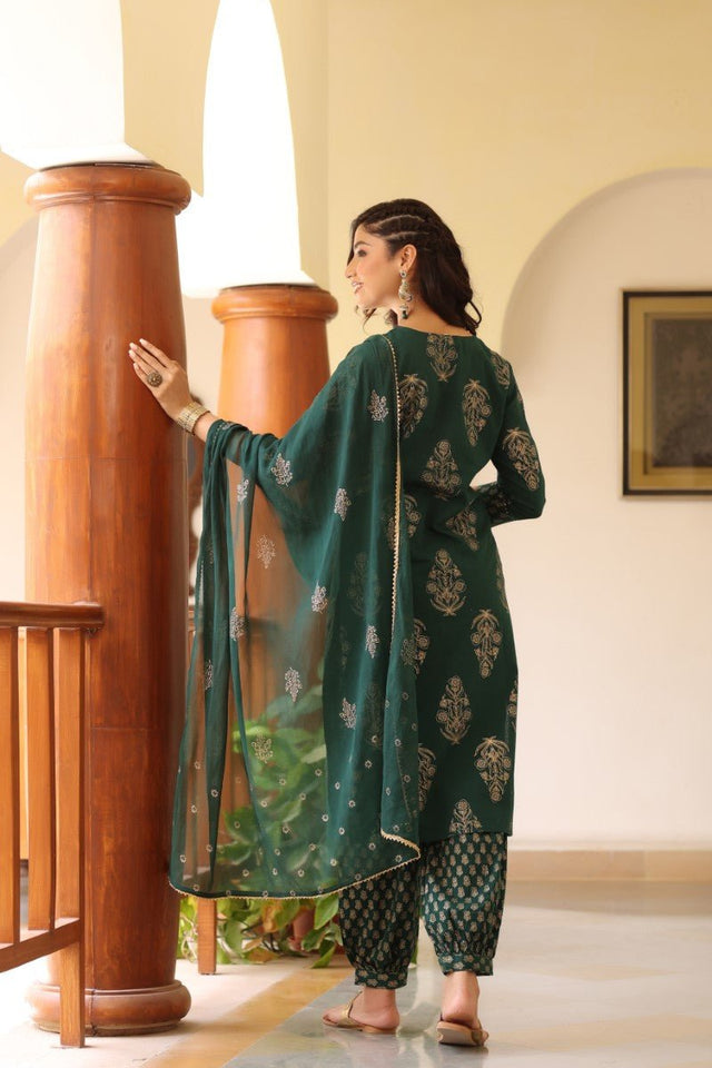 Green Gold Ethnic Print Sequin Detail Cotton Kurta With Trousers Dupatta