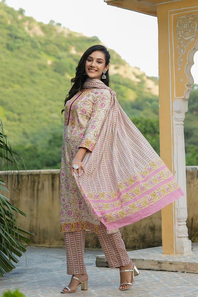 White Cotton Ethnic Motifs Printed Straight Suit Set