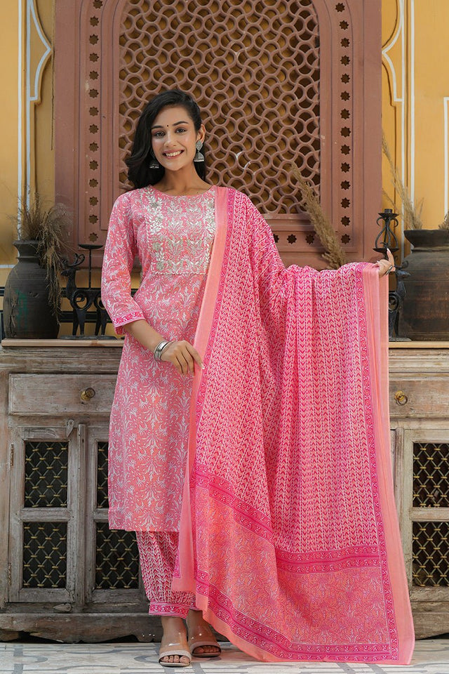 Pink Cotton Embroidered Work Straight Suit Set