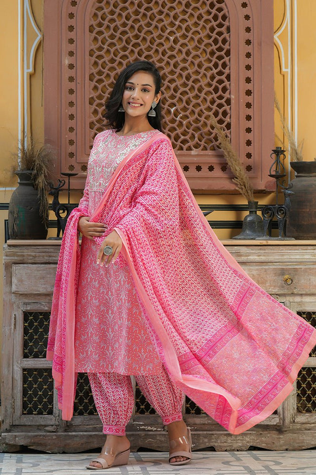 Pink Cotton Embroidered Work Straight Suit Set