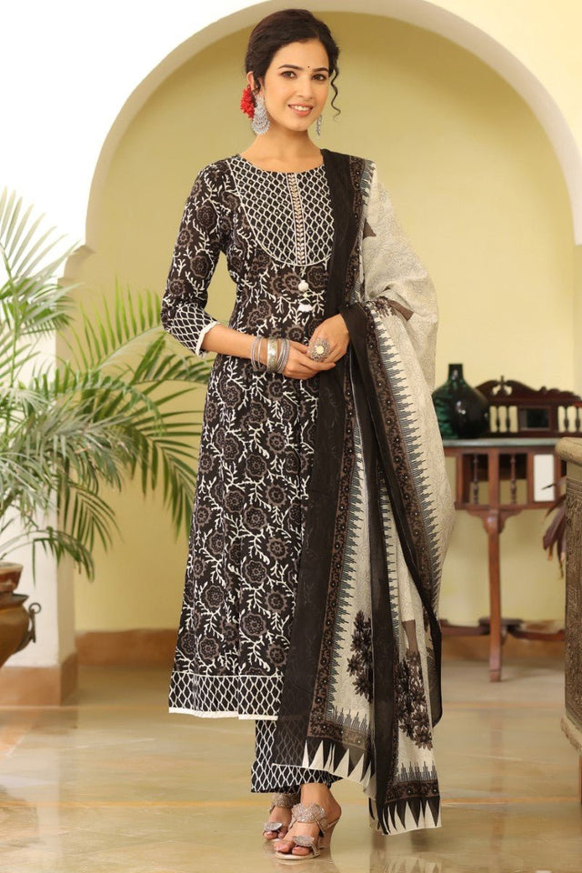 Black White Sequined Kurta With Trousers And Dupatta