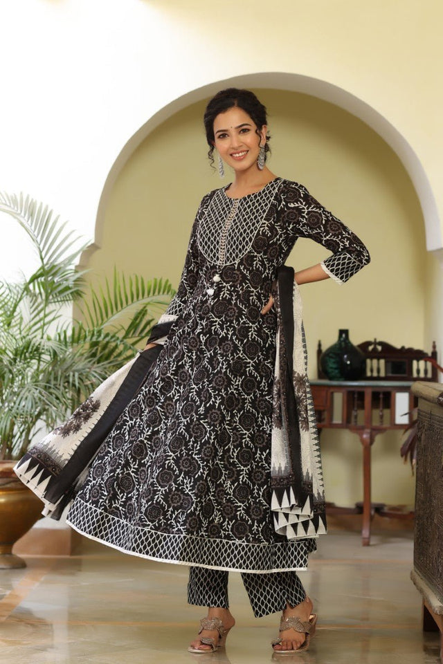 Black White Sequined Kurta With Trousers And Dupatta