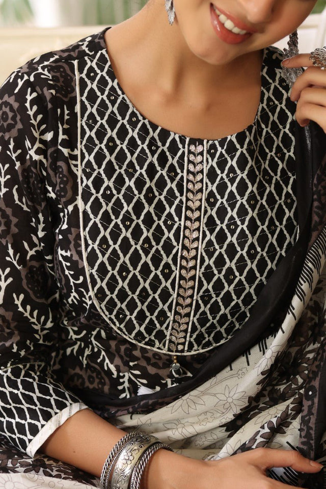 Black White Sequined Kurta With Trousers And Dupatta