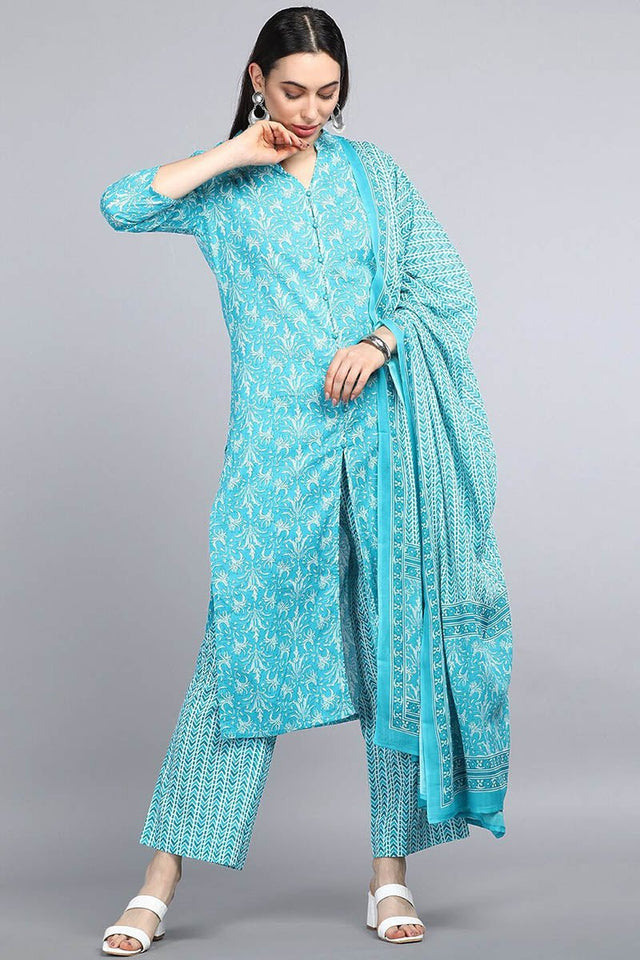 Turquoise Blue Cotton Ethnic Motifs Print Suit Set