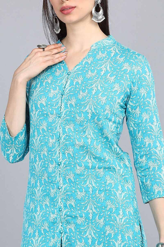Turquoise Blue Cotton Ethnic Motifs Print Suit Set
