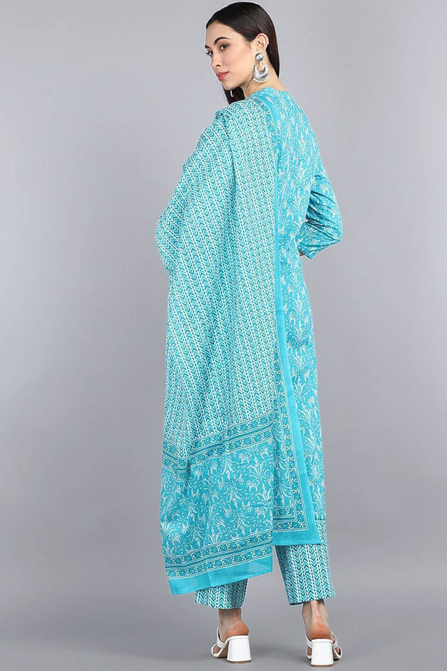 Turquoise Blue Cotton Ethnic Motifs Print Suit Set