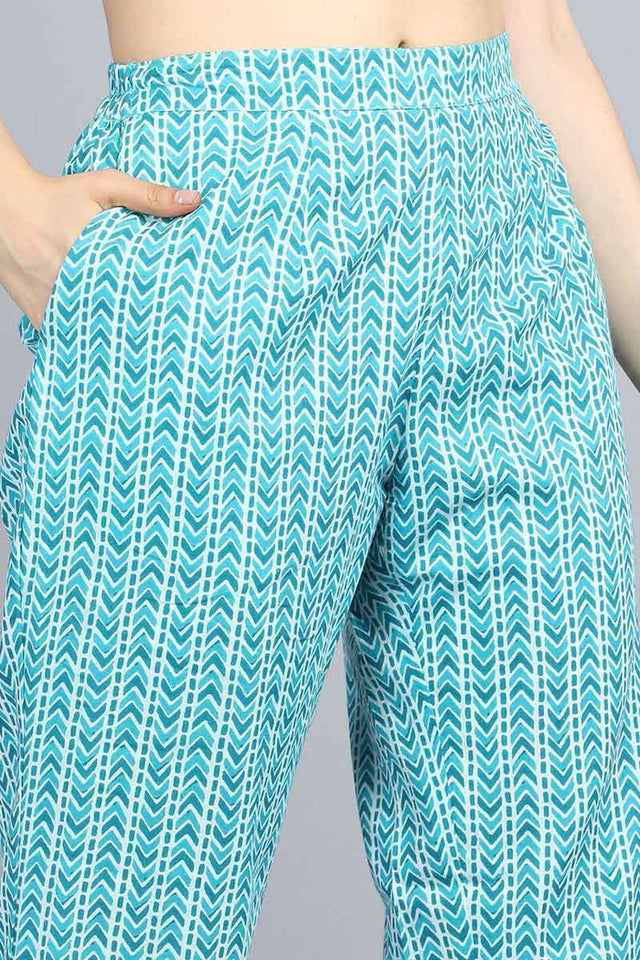 Turquoise Blue Cotton Ethnic Motifs Print Suit Set