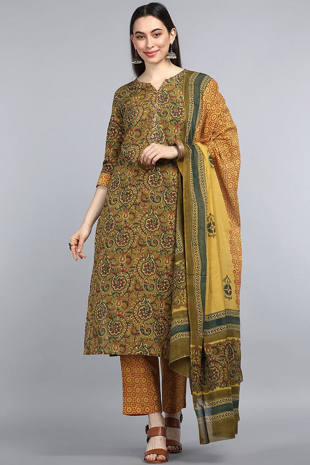 Green Yellow Floral Printed Cotton Kurta With Trousers Dupatta Set
