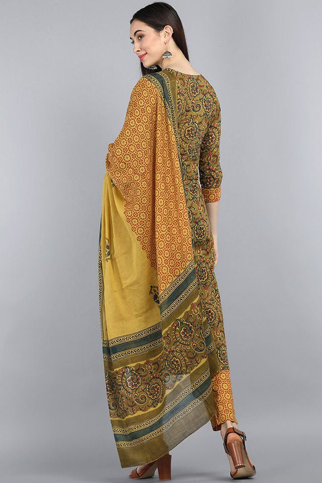 Green Yellow Floral Printed Cotton Kurta With Trousers Dupatta Set