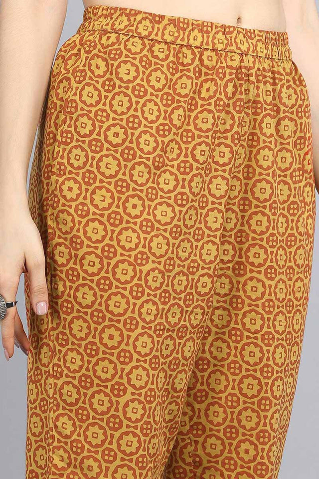 Green Yellow Floral Printed Cotton Kurta With Trousers Dupatta Set