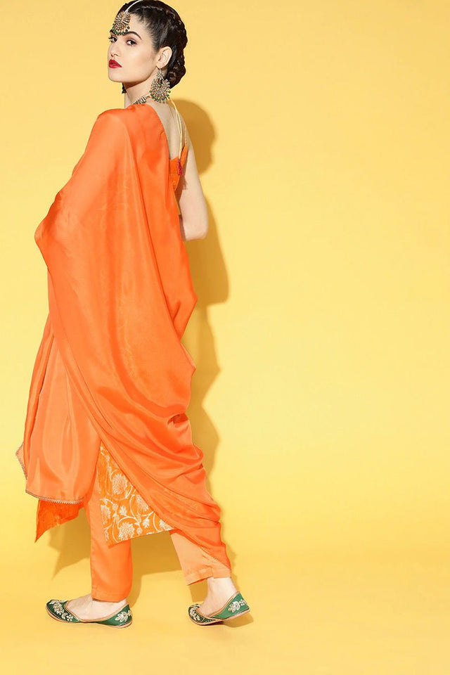 Orange Floral Cotton Kurta Trouser Dupatta Set