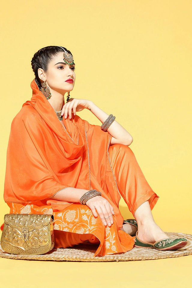 Orange Floral Cotton Kurta Trouser Dupatta Set