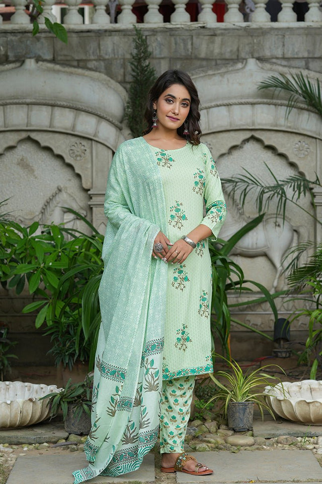 Green Cotton Straight Suit Set