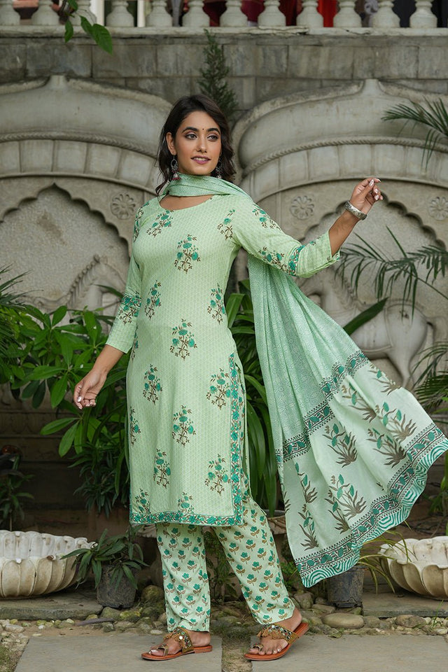 Green Cotton Straight Suit Set