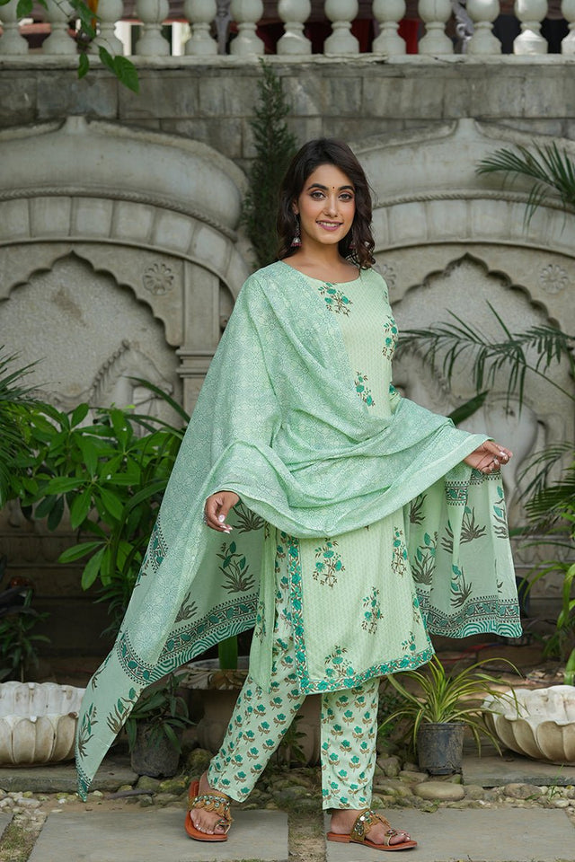 Green Cotton Straight Suit Set