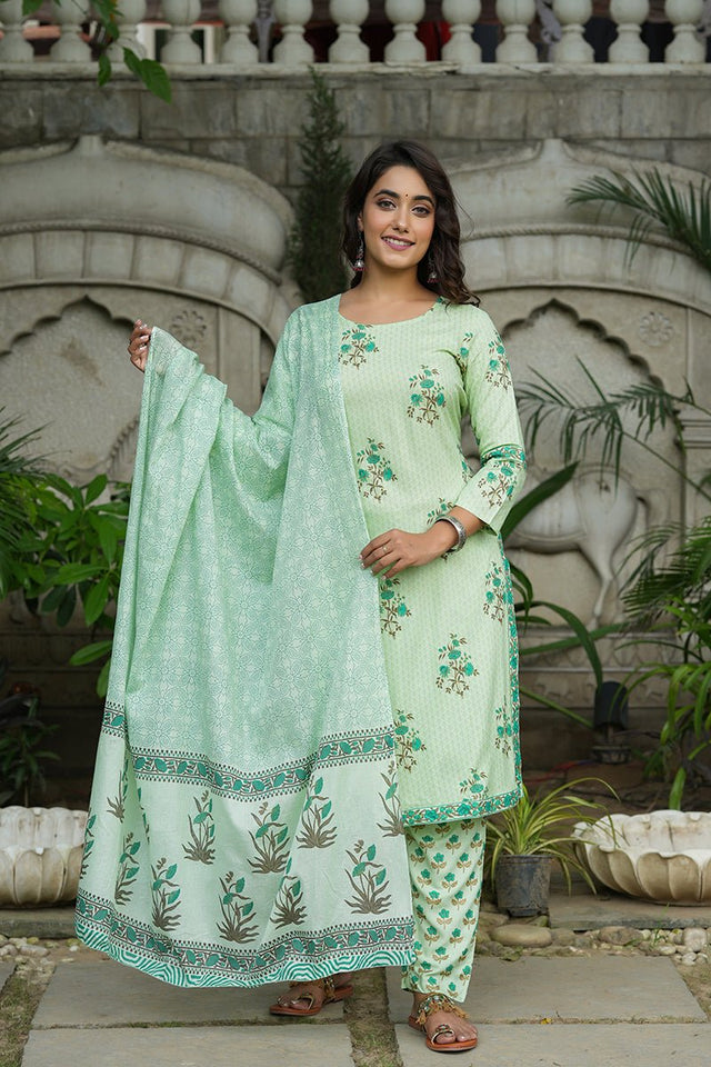 Green Cotton Straight Suit Set
